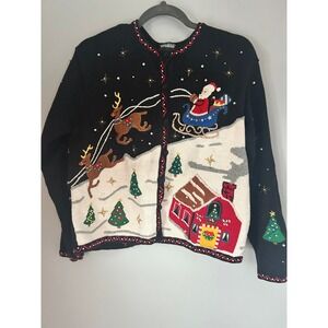Deviilsh Originals Studio Ugly Christmas Sweater Women's L Santa Sleigh Reindeer